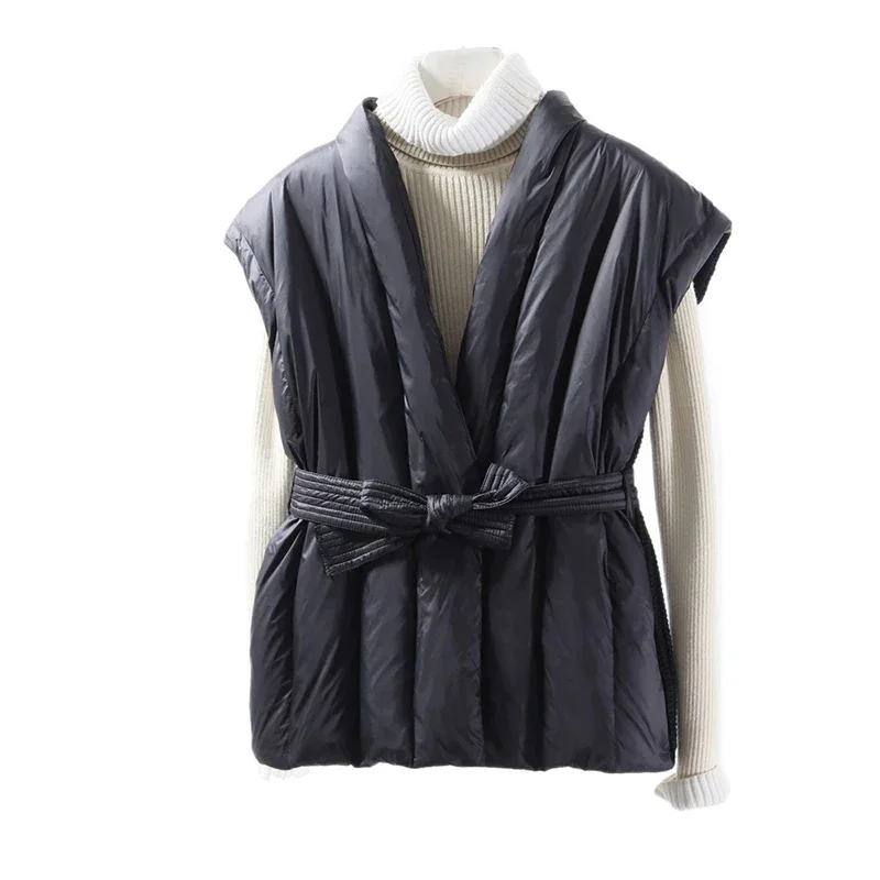 

Новая теплая безрукавка на осень-зиму 2026 года: роскошный, высококачественный, модный женский жилет из белого утиного пуха и вязаной шерсти