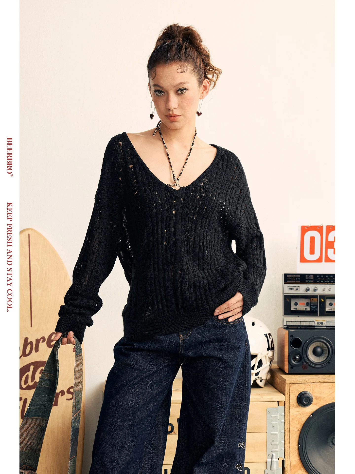 

BeerBro Spicy Girl Festival Long Sve Sweater Cover up Two-Piece oulder Baring Loose Fit Spring Youth Faion T-irt