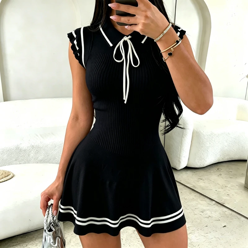 Women's White Black Contrast Collar Tie Sundress Sleeveless Ribbed Knit Stretchy A Line Mini Dress Casual Summer Party Dress