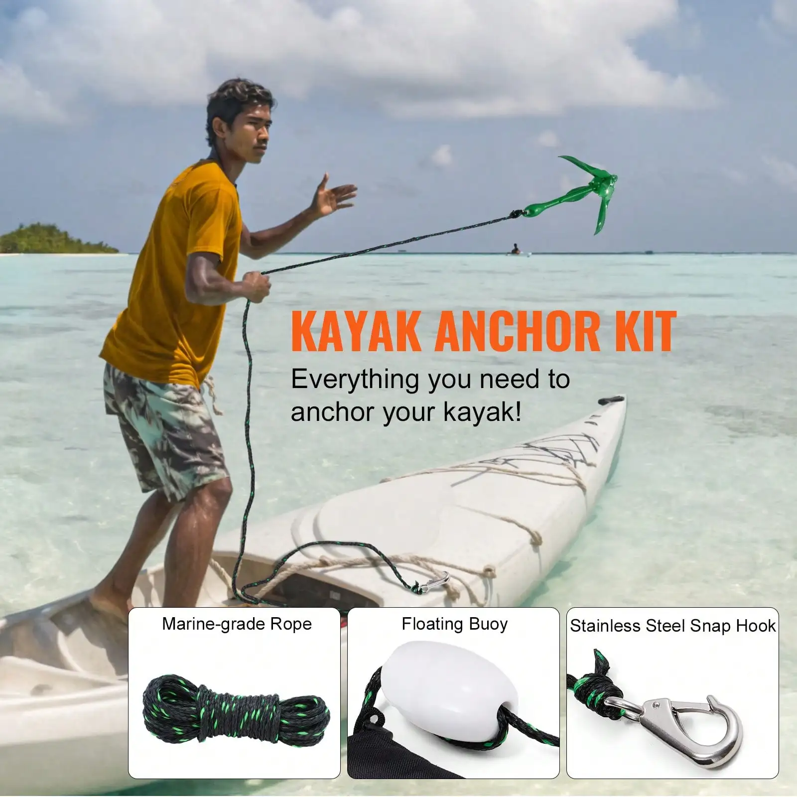 Anchor Kit Hook Pole 3.5 Lb Anchor 26.2 Ft/8 M Rope Buoy Folding Small Boat Anchor, Storage Bag, Snap Hook; Boat Anchor Hook, 304 Stainless Steel, Knotless, Quick Release, Holds 3700 LBS, For 3/8