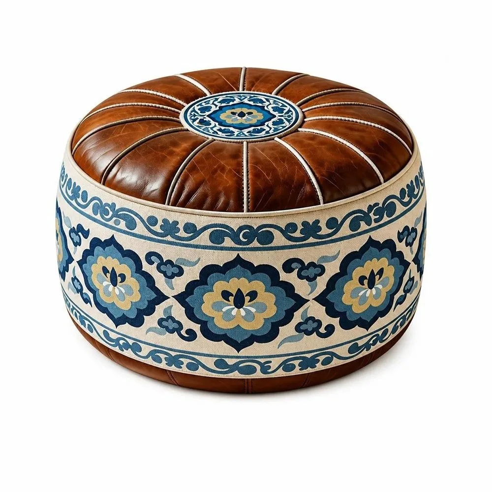 New PU Leather Fillable Ottoman Pouf Round Shape Moroccan Style Round Pouf Cover Embroidered Pattern Storage Ottoman Home Use