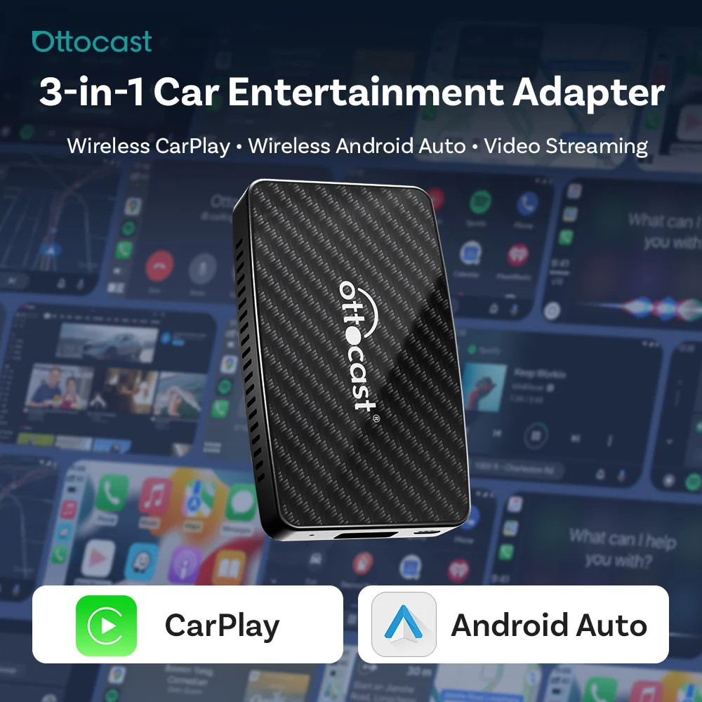Ottocast Play2Video PRO AI Box, Kabelloser CarPlay & Android Auto Adapter, YouTube Netflix Spotify Prime Video integriert, 1080P Streaming, WiFi 6 Dual WiFi, Plug & Play für kabelgebundenes