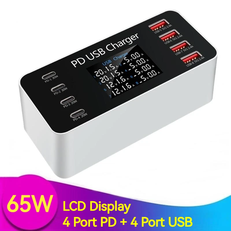 65W Multi PD USB Fast Charger LCD Display 8 Ports USB PD 30W Charging Station for Tablet Smartphone Iphone 14 13 Samsung Xiaomi