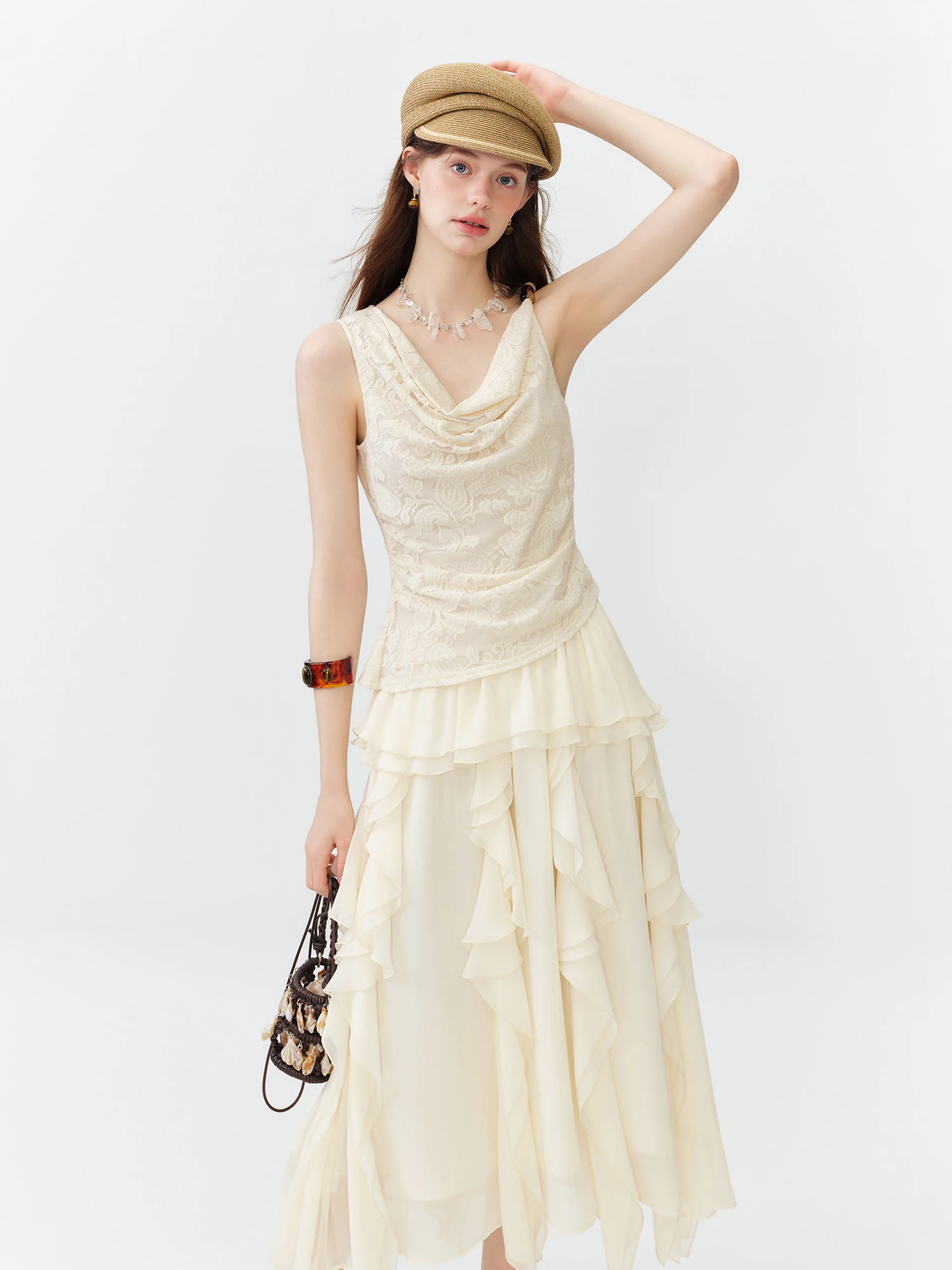 FSLE Women 2026 Summer New Arrival Vintage Sleeveless Jacquard Draped Collar Blouse Slim Fit Elegant Top Vacation Style Pullover