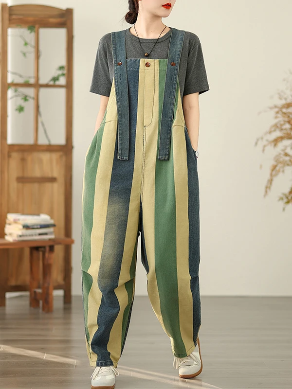 Loose Casual Women's Summer Denim Overalls Printed Striped Nine-Piece Tagl Straight Leg Jeans Casual Comfortable Wide Leg ...