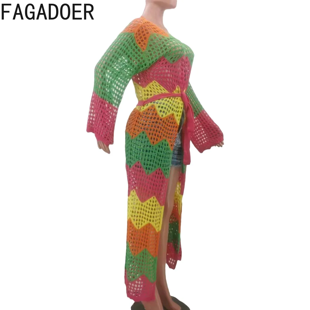 FAGADOER Hollow Knit Summer Cardigans Boho Style Beach Cover Ups with Belt Women Crochet Open Stitch Full Sleeve Long Robe Tunic