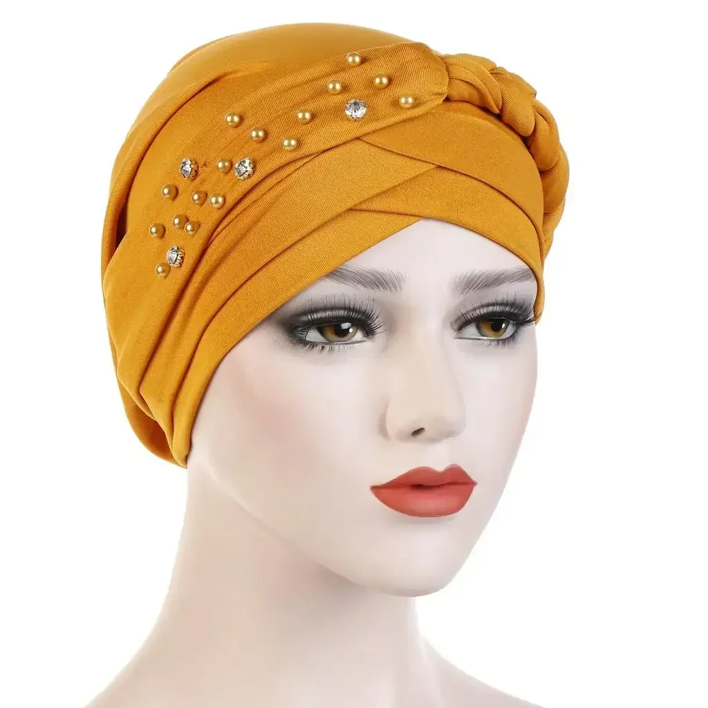 Women Lady Beads Muslim Braid Head Turban Wrap Cover Cancer Chemo Islamic Arab Cap Hat Hair Loss Bonnet Beanies Fashion