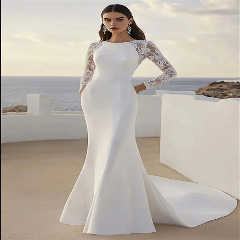 

Elegant O neck White Mermaid Wedding Dresses Lace Applique Zipper Sleeveless Formal Party Gowns Vestido Marriee Customized