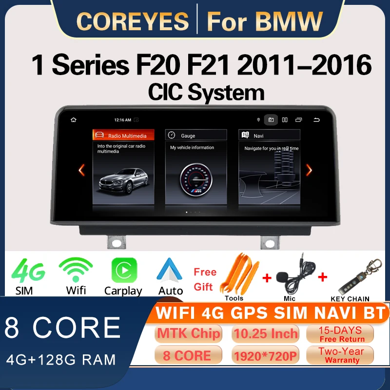 

COREYES 10,25-дюймовый автомобильный радиоэкран Android 12 для BMW 1 серии F20 F21 2011-2016 CIC Carplay Auto GPS стерео мультимедийный плеер