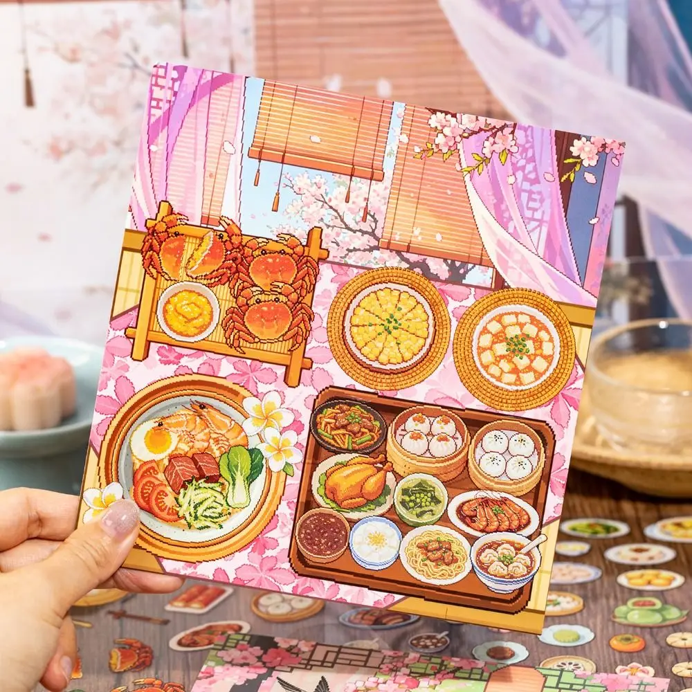 New Food-themed 3D Landscape Sticker Book PET 8 Scenes DIY Cabin Scene Pocket Sticker Stacking Miniature Scene Book for Children