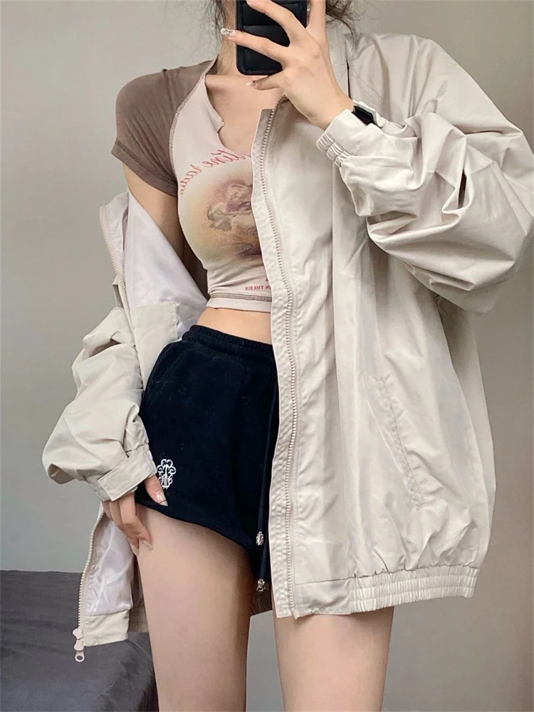 QWEEK Y2K Windbreaker Jacket Women Korean Fashion Gorpcore Retro Zip Up Outerwear Oversized Harajuku Streetwear Vintage Coat