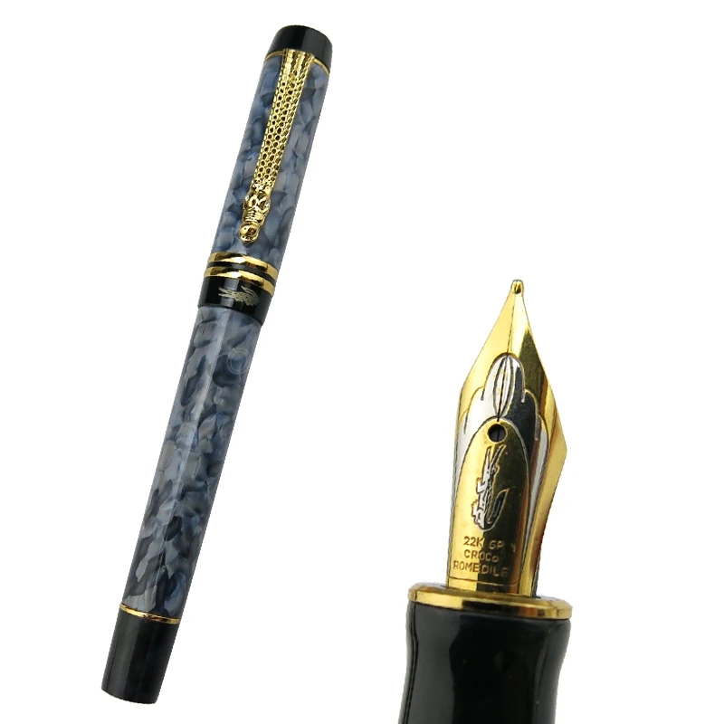 Crocodile Resin Barrel Gray Marble Medium Nib 0.7mm Fountain Pen Gold Trim Crocodile Clip Office School Writing Gift Pen