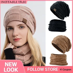 2PCS Beanie Hat Ski Cap And Scarf Winter Warm Woolly Hats For Women Men Knit Ribbed Hiking Plus Velvet Thicken Hedging Caps