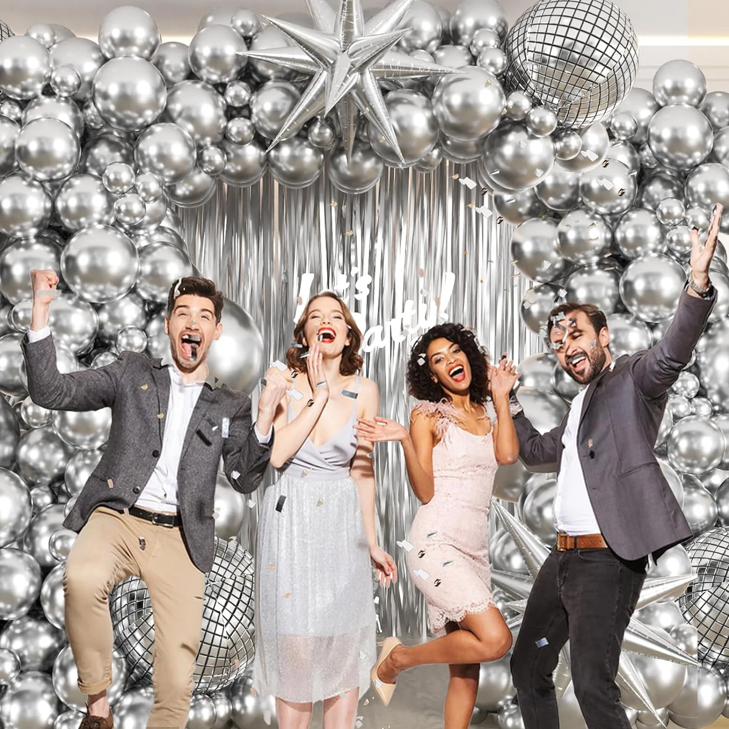 Disco Silver Balloon Arched Flower Ring Set, with a metallic silver tassel background, suitable for birthday parties in 2024