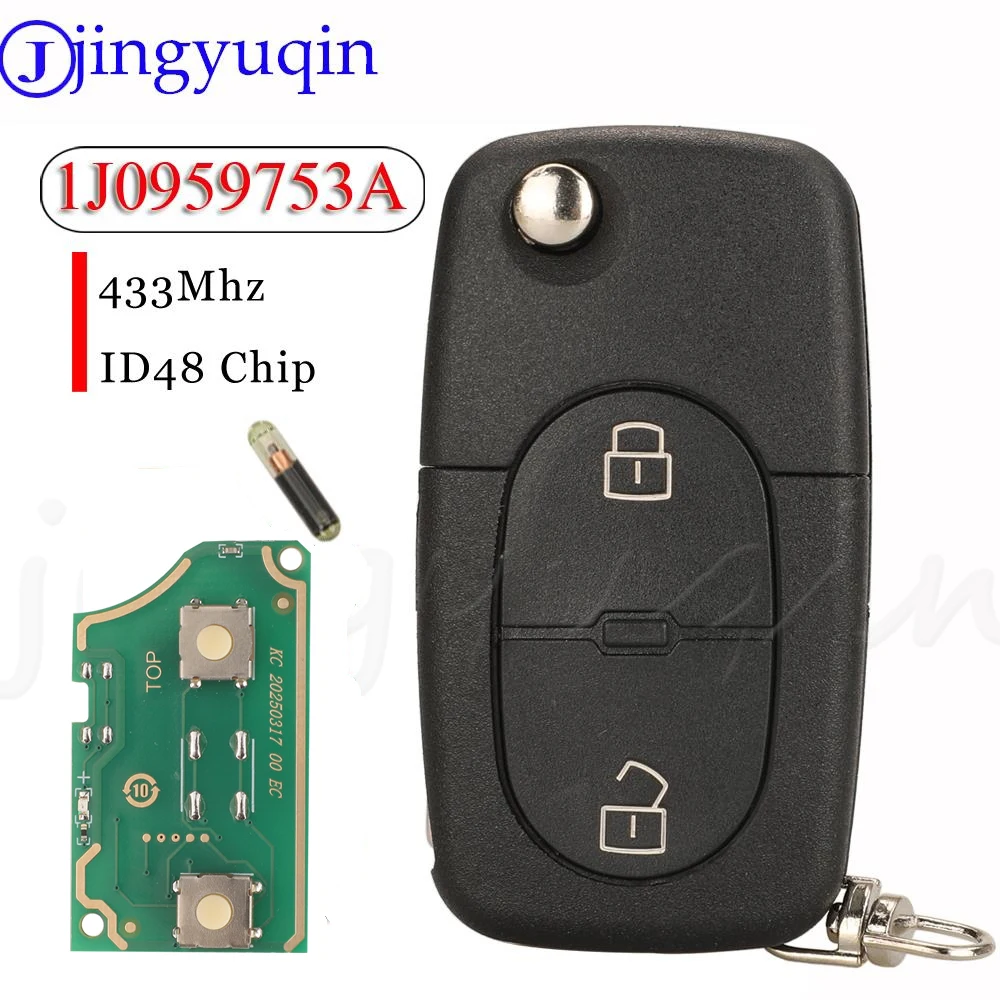 

Jingyuqin 2-кнопочный дистанционный автомобильный брелок 433 МГц ID48 1J0959753A для VW Volkswagen Golf 4 Passat MK4, подходит для сиденья Skoda Fob HU66 Blade