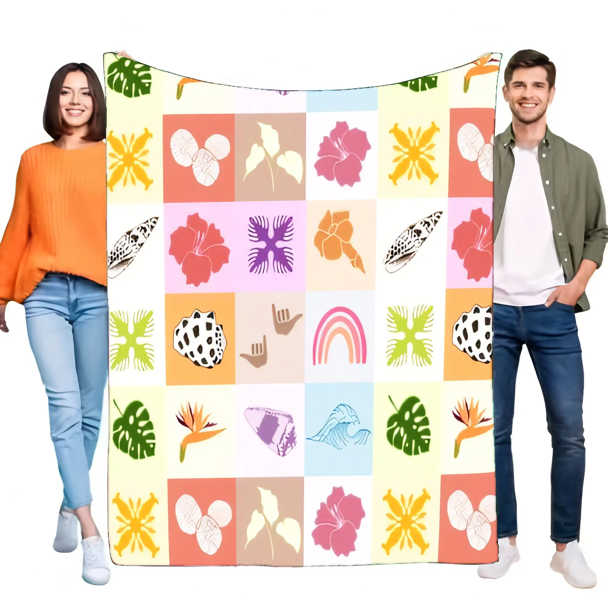 Vibrant Hawaiian Tropical Patchwork Blanket Soft Cozy Fleece Throw, Beach Island Theme Bed Sofa Decor, Rainbow Floral Shell Aest