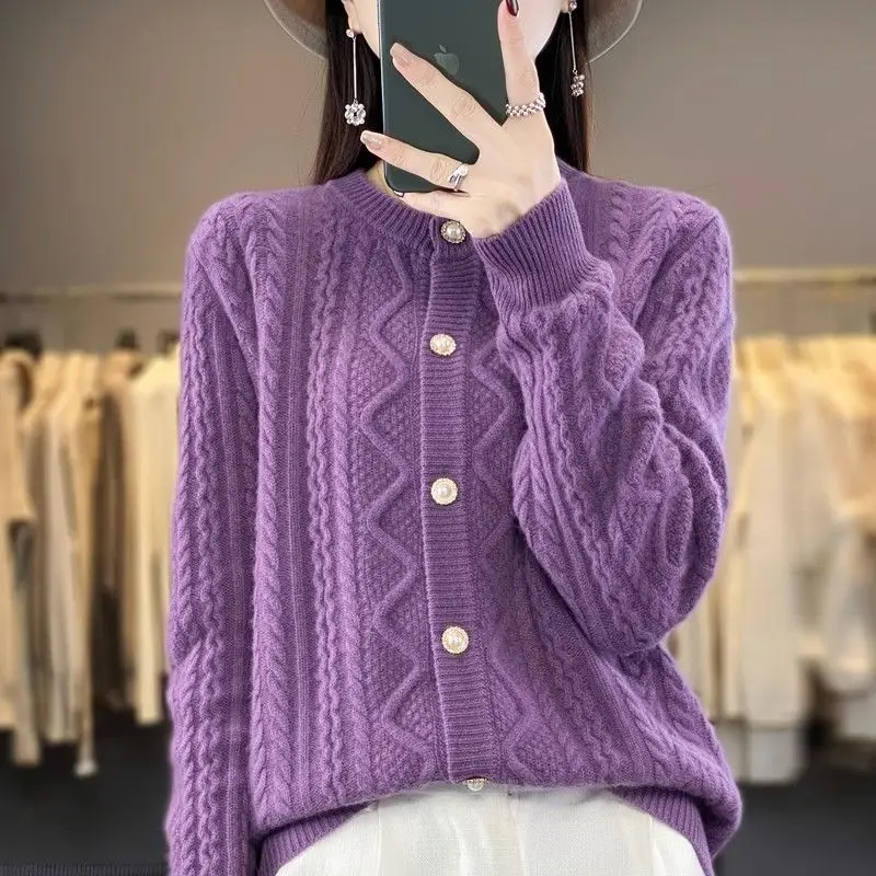 Women Winter Stylish Vintage Twisted Thick Warm Chic Beaded Button Knitted Cardigan Casual O Neck Long Sleeve Loose Sweater Coat