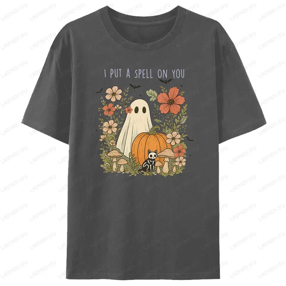 花柄ハロウィンゴースト猫スケルトングラフィック Tシャツ不気味な季節女性男性カボチャプリント素敵なゴースト花柄トップス Tシャツ
