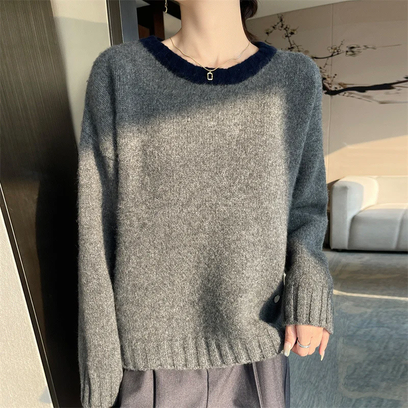 رائجة البيع جديد 100% ميرينو الصوف السيدات الجولة الرقبة سترة فضفاضة الراقية طويلة الأكمام الكشمير متماسكة البلوز المرأة الخريف/الشتاء #2