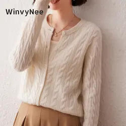 WinvyNee Women Cashmere Merino Wool Cardigans Sweater Twisted Solid O Neck Casual Knitwear Top Winter Cropped Cardiagan B1044043