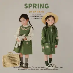 1-10 Years Kids Spring Long Sleeve Green Turn Down Collar Pastoral Embroidery Shirt Pricess Dress Toddler Baby Princess Sundress