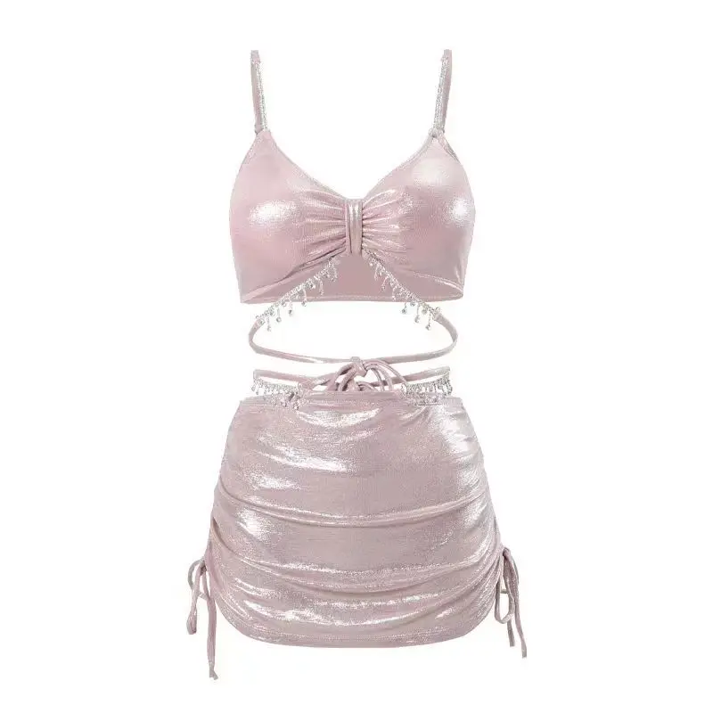 Rosa brilhante strass coreano roupa de banho mini saias biquinis define corda cruz sexy maiô 2025 maiô férias praia wear