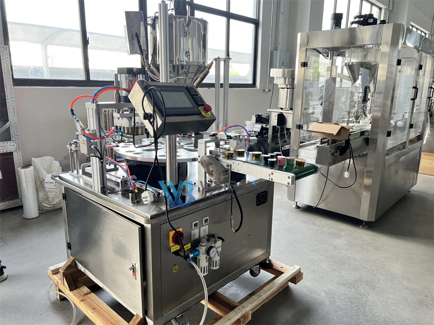 WB-FBJ Factory Price Automatic 2 Nozzles Filling Rotary Type Coffee Cold Brew Yogurt Cup Liquid Filling and Sealing Machine