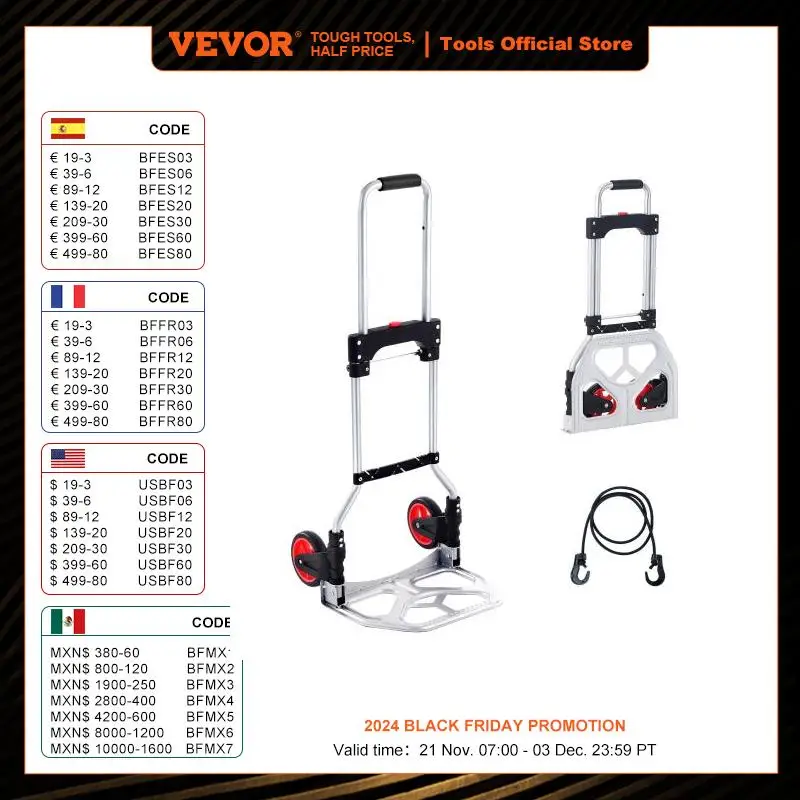 VEVOR 176 lbs Folding Hand Truck Dolly Aluminum Stair Climbing Cart with Telescoping Handle Luggage Trolley for Home Shopping