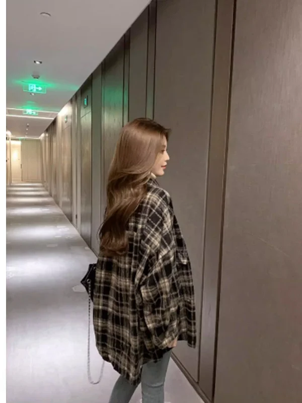 Retro American Plaid Long Sve irt Women's Winter 2025 Casual Lazy Sle Versatile Coat Outerwear Softened Fabric Co...