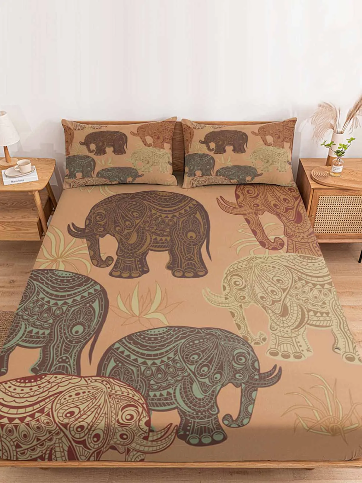 Elephant Grass Plant Carved Queen Size Bed Mattress Fitted sheet Elastic Rubber Band Non-slip Bed Sheet Pillowcase Set