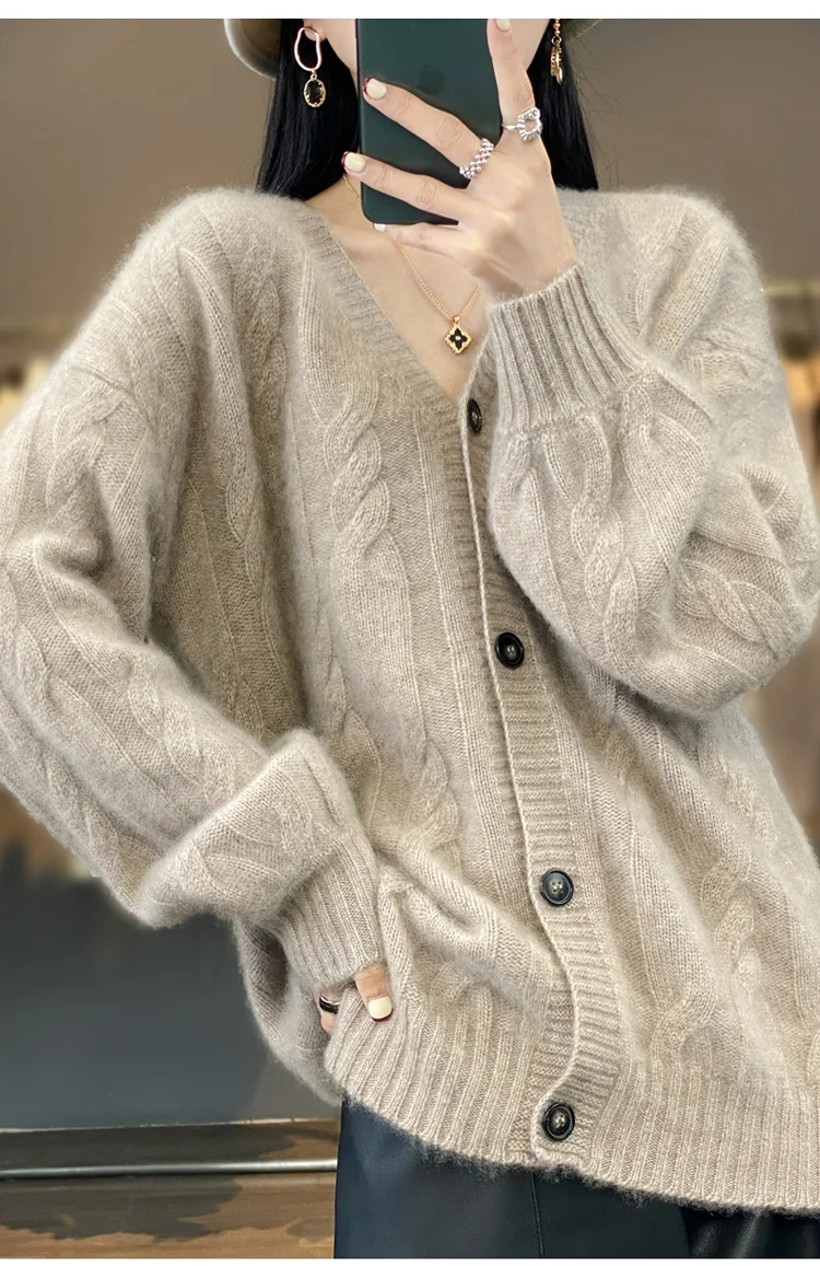 V-neck Cashmere Cardigan for Female, 100% Pure Cashmere, Twisted Flower, Long Sleeve, Thick Knit Coat, Loose Sweater Top