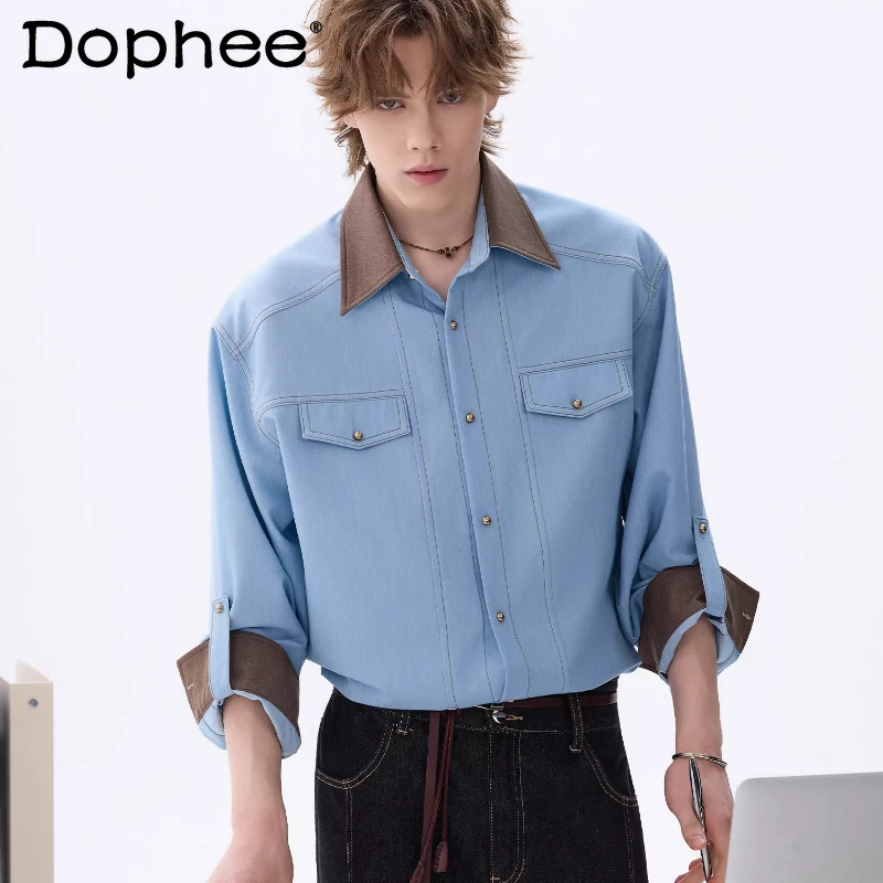 

Male 2026 Spring New Loose Trendy Lapel Shirts High-end Light Luxury Ice Silk Denim Color Matching Tops Chic Long-sleeve Shirts