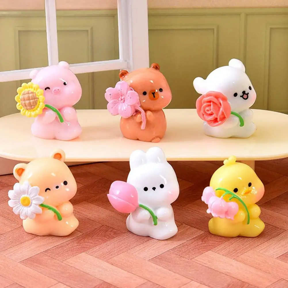 Cute Animal Miniature Figurine Mini Resin Bear Bunny Duck Holding Flower Statue for Moss Landscape Fairy Garden Cake Decor 97