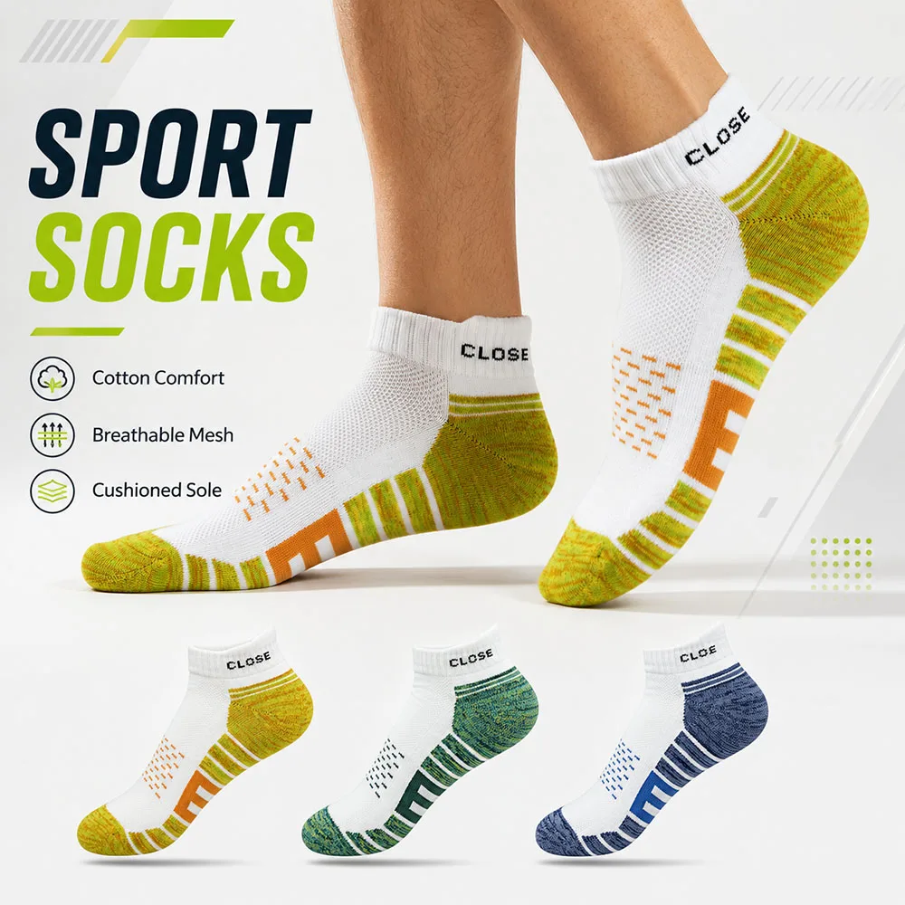 1/3pair Men Ankle Sports Socks Cotton Cushioned Sole Athletic Socks Breathable Mesh Shock Absorbing Moisture Wicking Short Socks