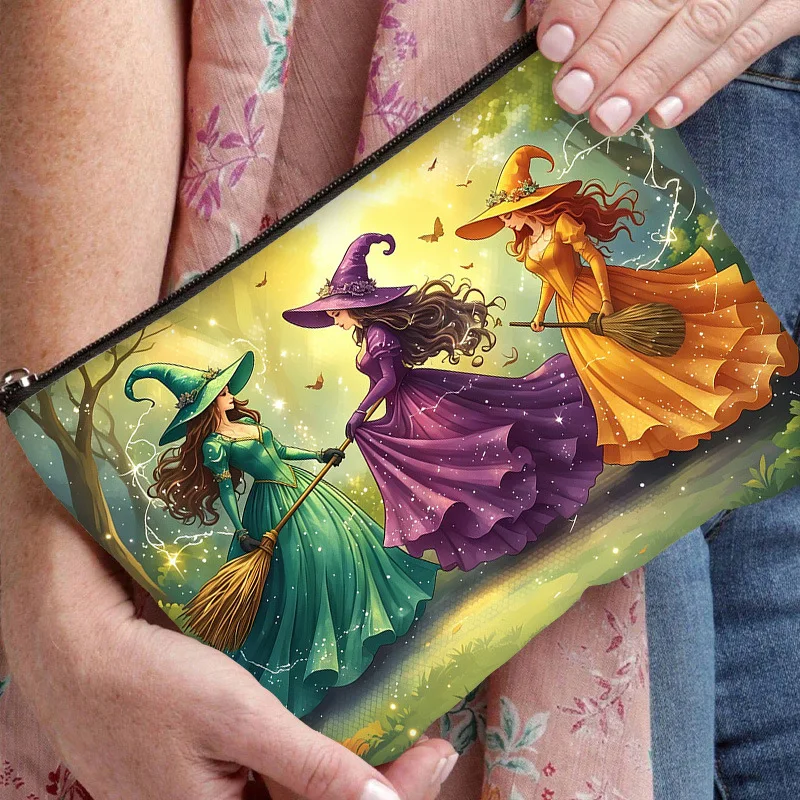 Halloween Witch Makeup Bag Three Witches Broom Forest Magic Print Canvas Zipper Cosmetic Pouch Travel Storage Gift Bag