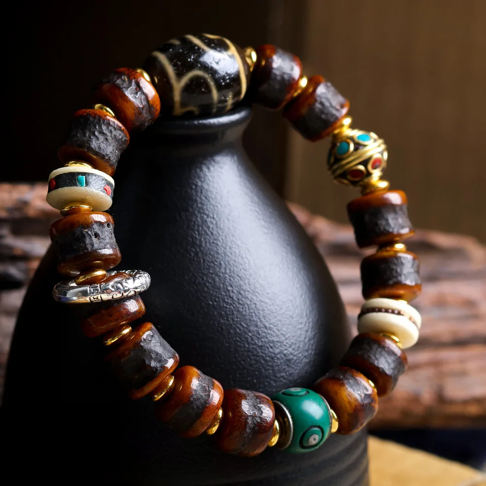 Tibetan Style Bone Single Loop Bracelet with Gzi Bead Vase and Drum Bead Accessories Ethnic Jewelry Gifts