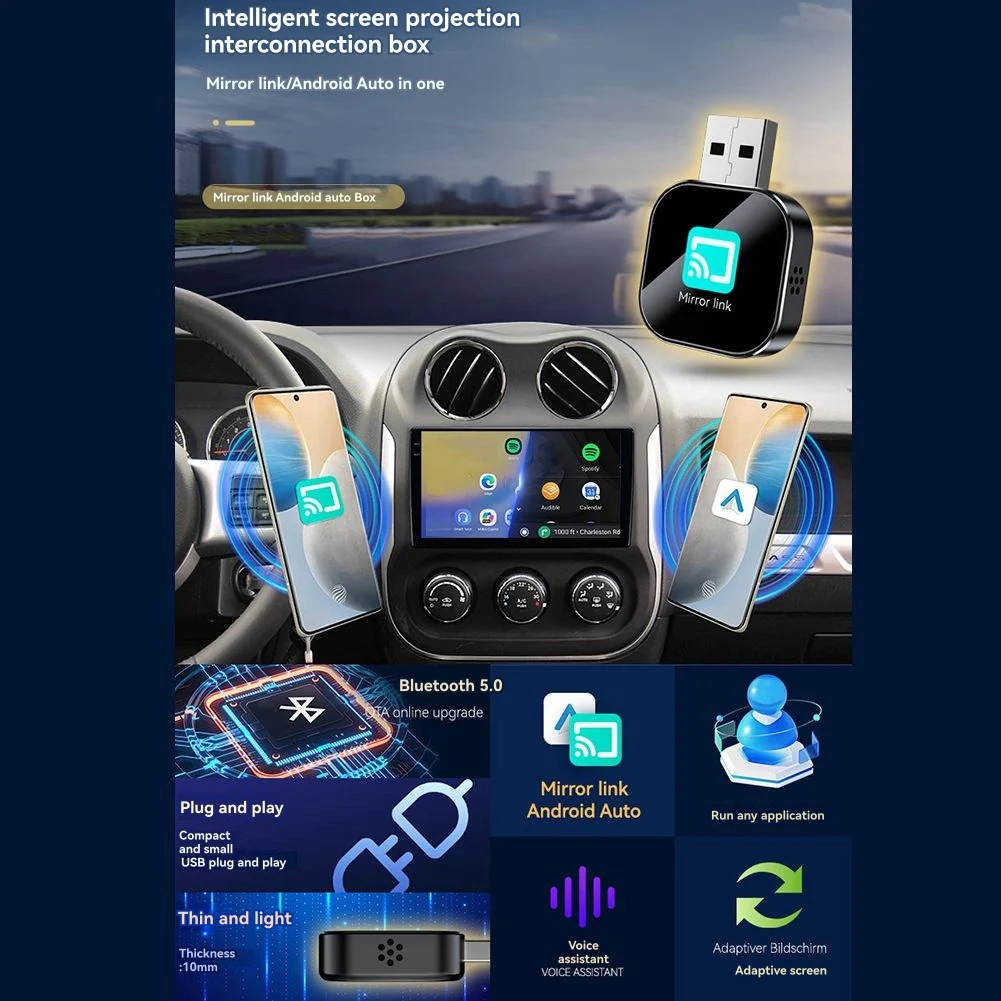 Goodprice 2in1 CarPlay Mirror Link Android Auto Adapter Bluetooth 5.0 Wired to Wireless CarPlay USB Plug and Play Black