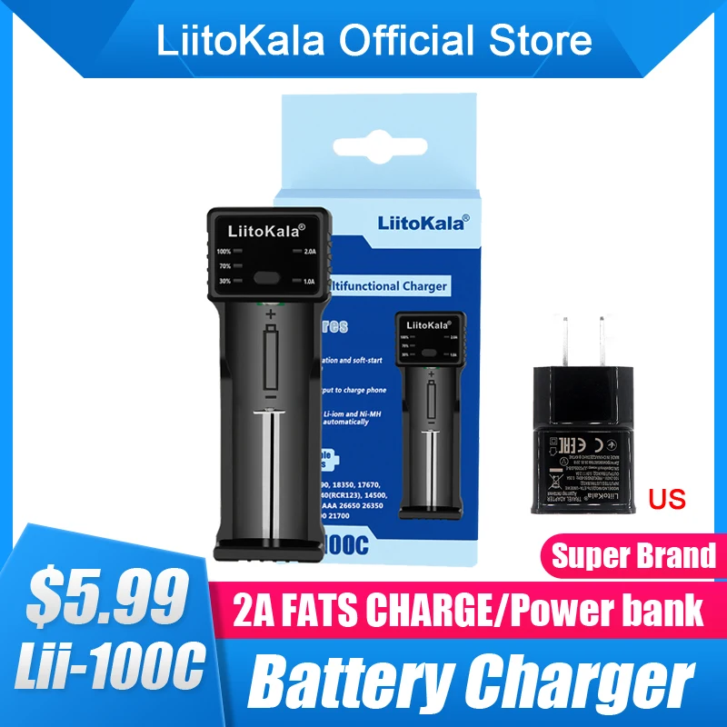 LiitoKala lii-100C 1 Slot 18650 21700 26650 Battery Charger 2A LED Smart Quick Charging USB Rechargeable Lithium Battery Charger