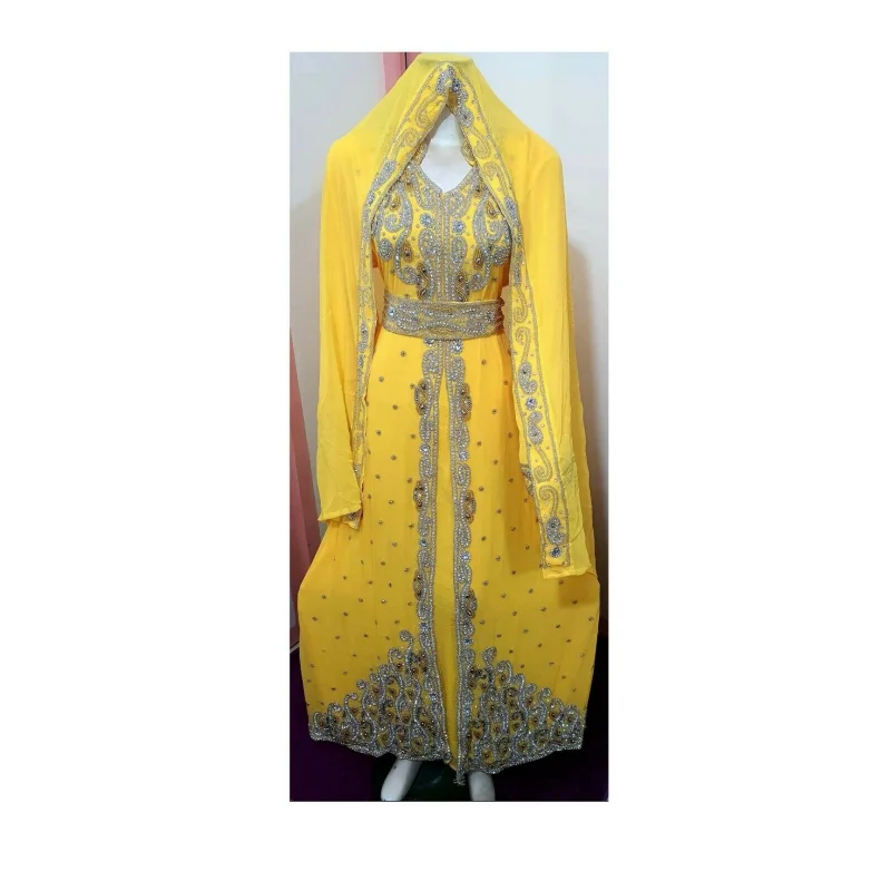 Yellow Dress African Costume Bridesmaid Abaya Long Dress Formal Beaded Dubai Moroccan Long Shirt