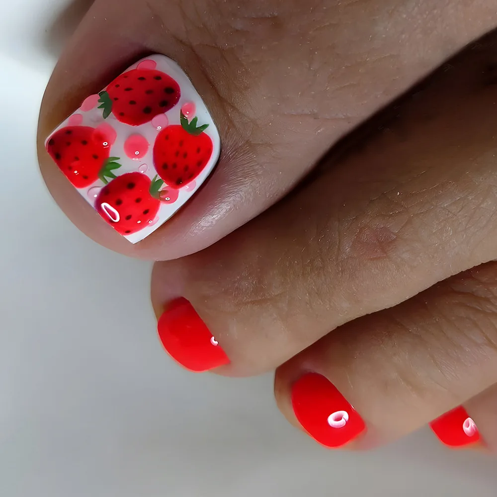 

24pcs Press on Toenails Red Strawberry Jelly Full Coverage Nail Piece for Women and Girl Short square Removable Wearable Toenail