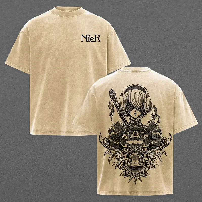 YoRHa No.2 Type‑B NieR Clothing Men Short Sleeve Game T-shirts Vintage Washed T Shirt Casual Cotton Tee Harajuku Male Tshirt