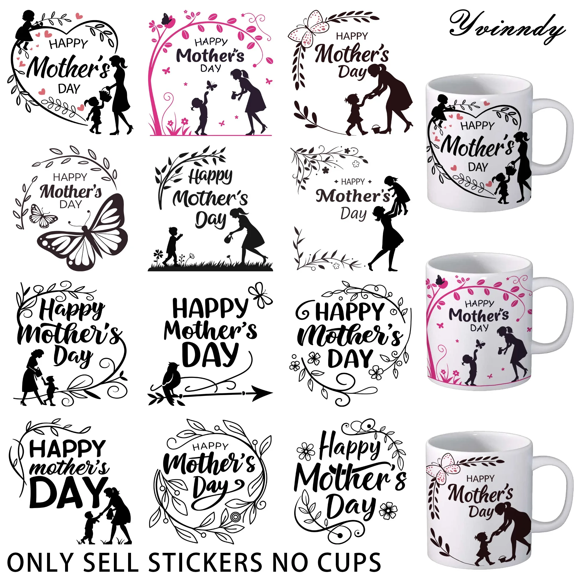 12-teiliger UV-DTF-Aufkleber „Happy Mother's Day“ – wasserfestes UV-DTF-Transferpapier für Kunst und Handwerk, DIY-Dekoration
