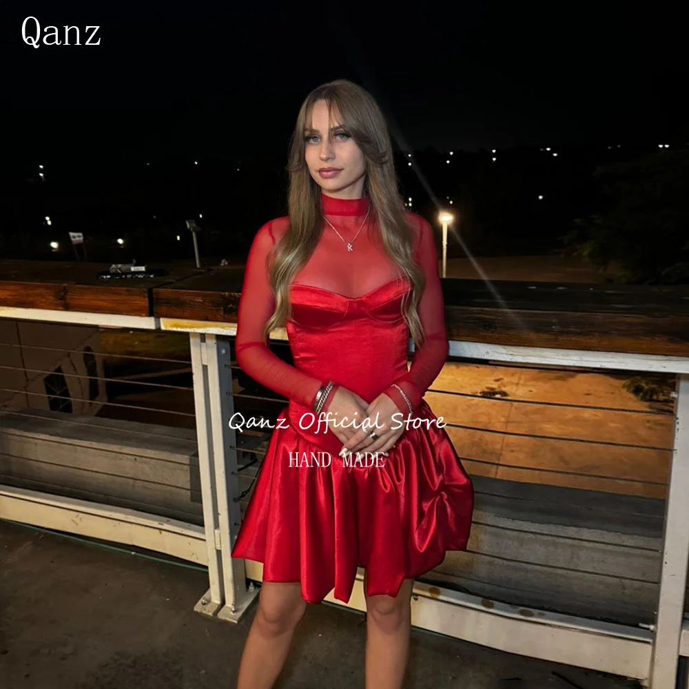 

Qanz Red Mini Prom Dress Sheer Mesh Long Sleeves High Neck Cocktail Parties Short A Line Satin Vestidos Para Mujer Customized