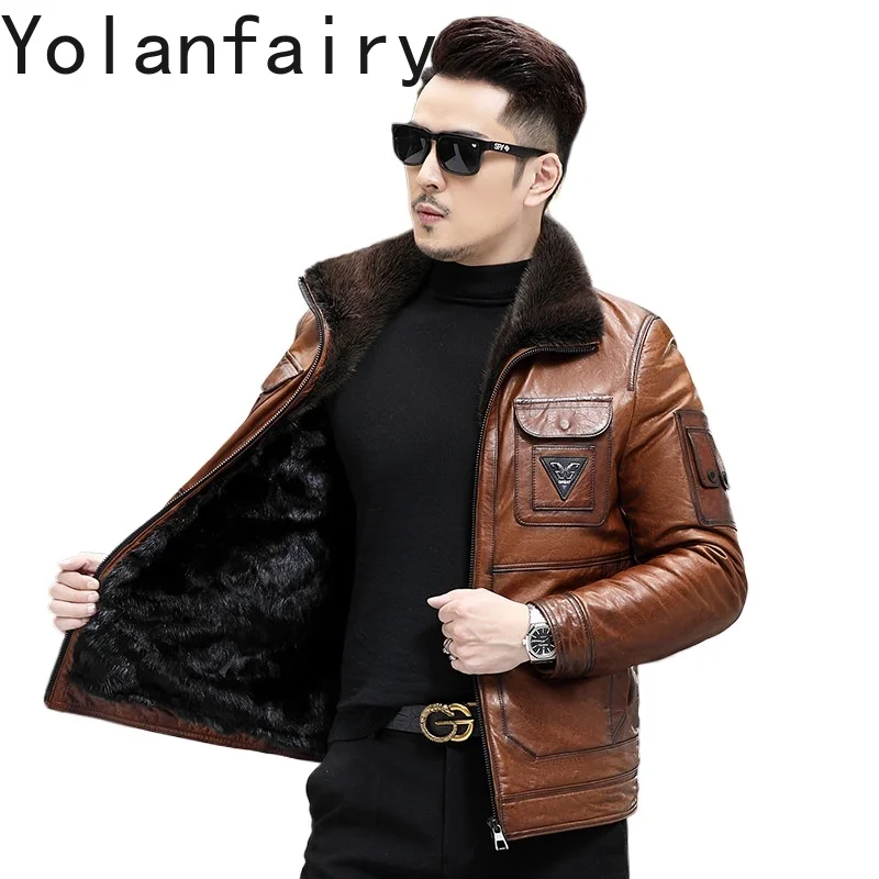 YOLANFAIRY Genuine Leather Sheepskin Mens Jacket Short Winter Fashion Men's Clothing Mink Liner Jackets Lapel Coats Deri Ceket