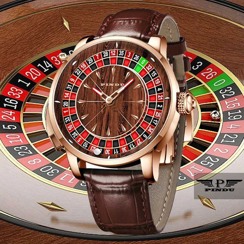PINDU New Wood Grain Top Men's Mechanical Watch NH35A Button Gambling Table Game Roulette Watches Pointer Sapphire Watch For Men