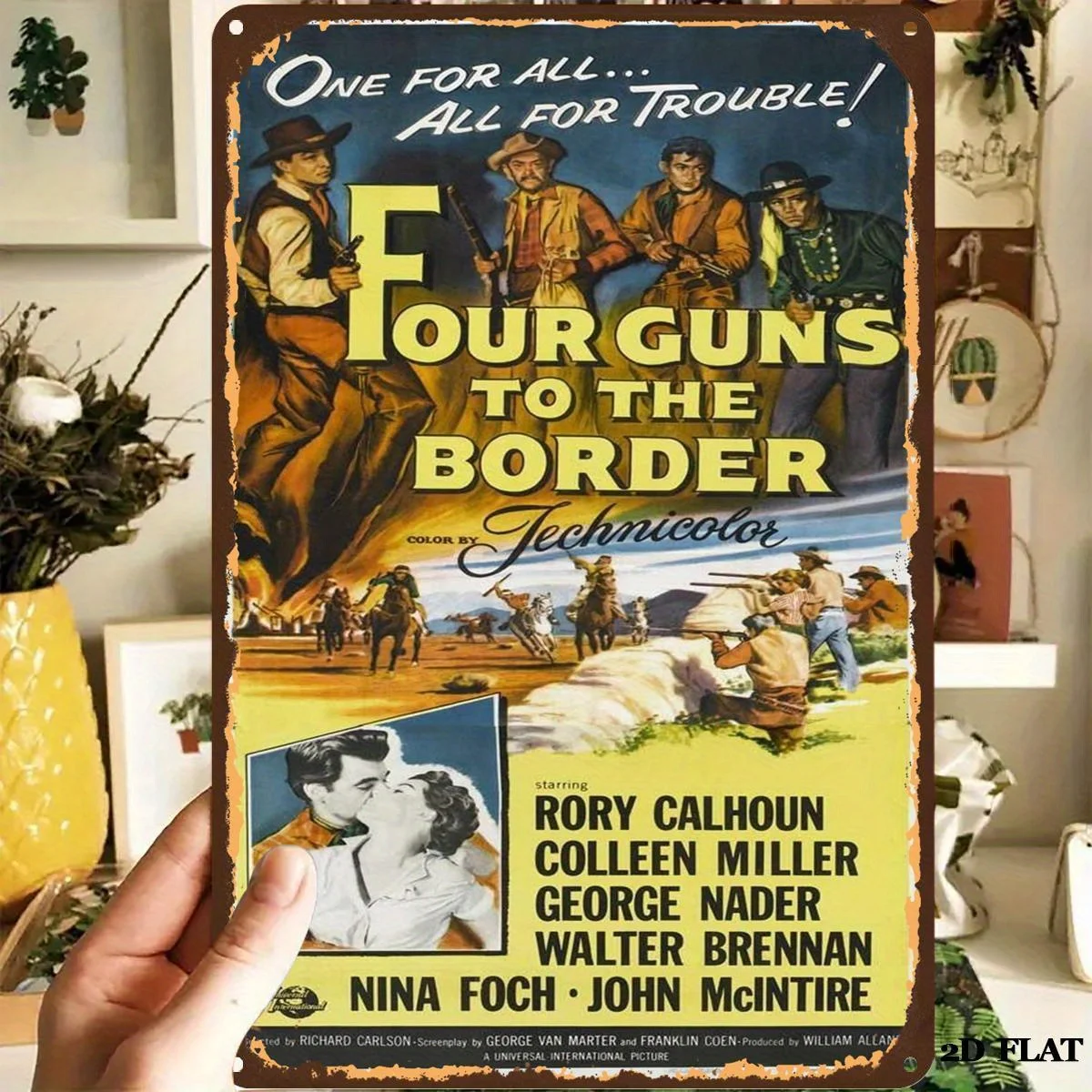 Vintage Western Movie Poster Metal Tin Sign - Four Guns to the Border (with Rory Calhoun, Colin Mitchell, Nina Foch) - Retro Co