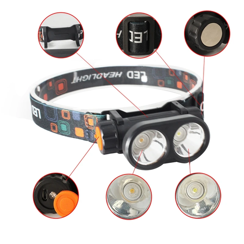 2LED Strong Headlight Intelligent Night Fishing Warning Headlight Red And White Light USB Charging Adjustable Headlight