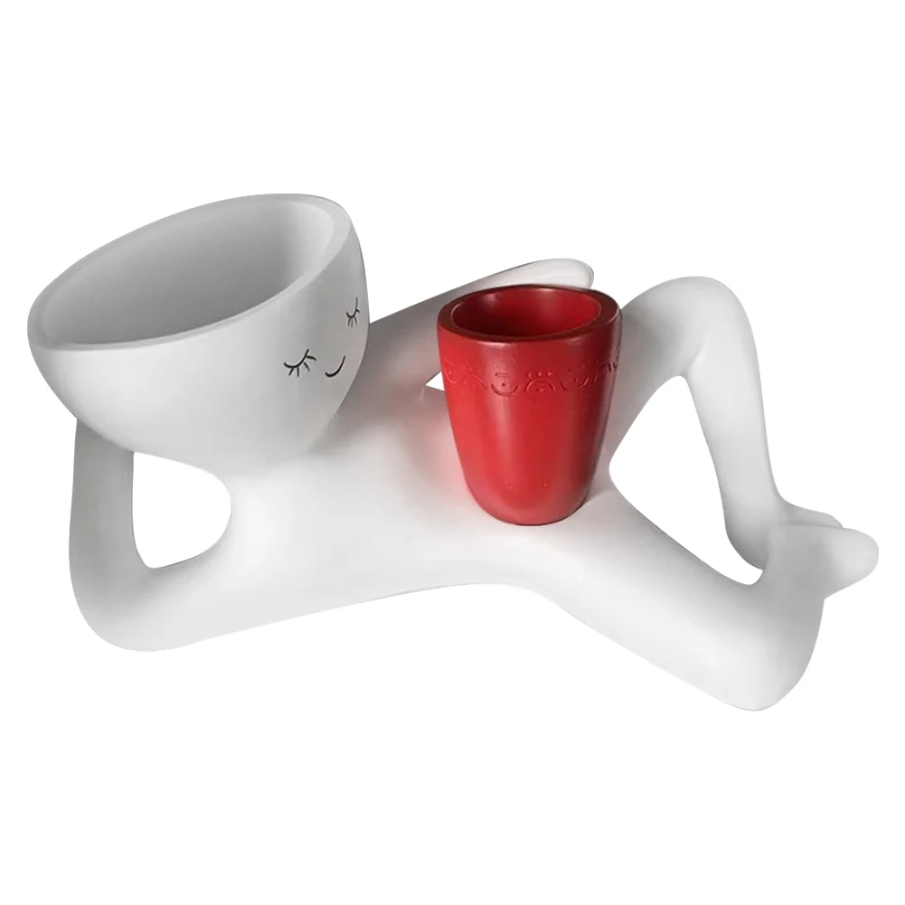 Pessoa relaxante segurando pote plantador com furo de drenagem plantador crespo ornamento resina engraçado pote suculento decoração de escritório em casa