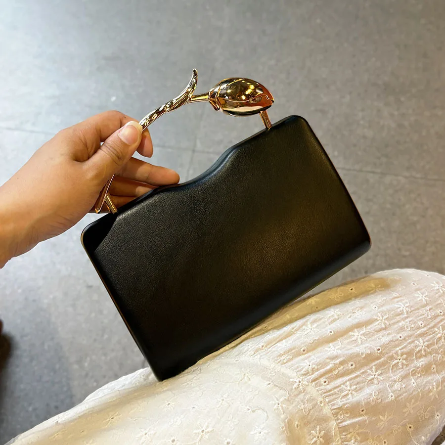 

Retro style black leather metal flower buckle chain handbag elegant rose shape handle exquisite light luxury dinner bag