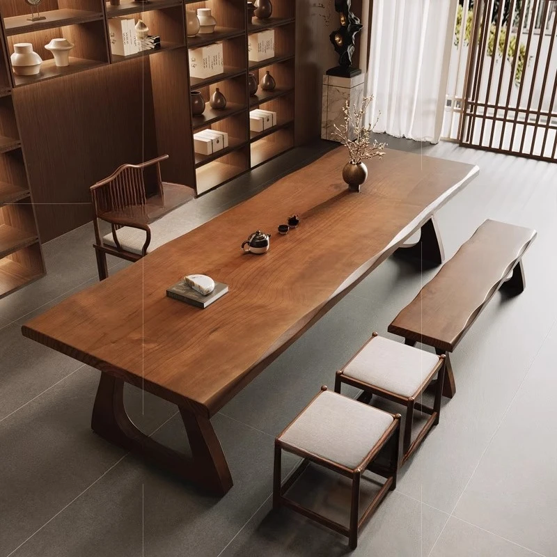 

Walnut all solid wood tea table and chair combination simple modern office large board tea table balcony tea